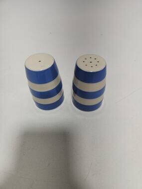 Vintage Blue White Striped Ceramic Salt & Pepper Shakers Set 3.5" Mid Century Ki